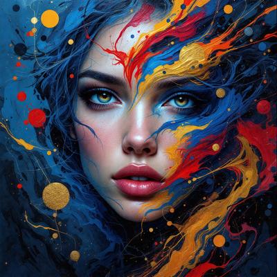 The primary subject of the image is a woman with blue hair, who is the main focus of the scene. She is surrounded by a vibrant and colorful background, which includes a mix of blue, yellow, and red colors. The visual style of the image is a combination of digital art and illustration, creating a unique and eye-catching portrait. The woman's blue hair and the colorful background evoke a sense of creativity and individuality, while the overall atmosphere of the image is lively and energetic